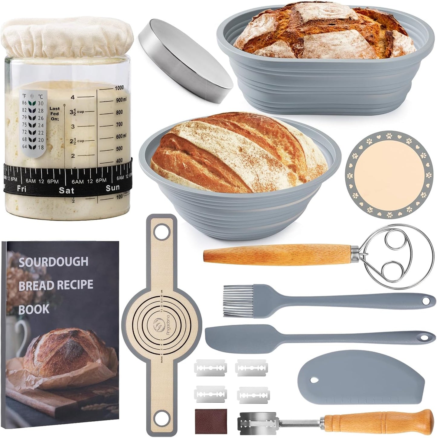 Sourdough Starter Kit Sourdough Bread Baking Supplies 40oz Sourdough Starter Jar 9" Round & 10" Oval Silicone Bread Proofing Baskets Set Bread baking toolsSilicone bread Sling