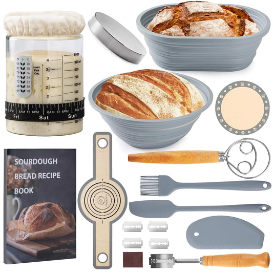 Sourdough Starter Kit Sourdough Bread Baking Supplies 40oz Sourdough Starter Jar 9" Round & 10" Oval Silicone Bread Proofing Baskets Set Bread baking toolsSilicone bread Sling